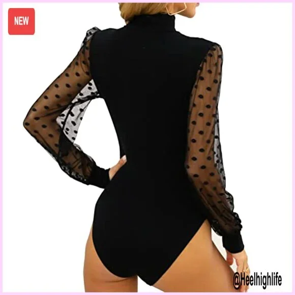 Sheer Mesh Long Sleeve Bodysuit Turtleneck Ribbed Shapewear